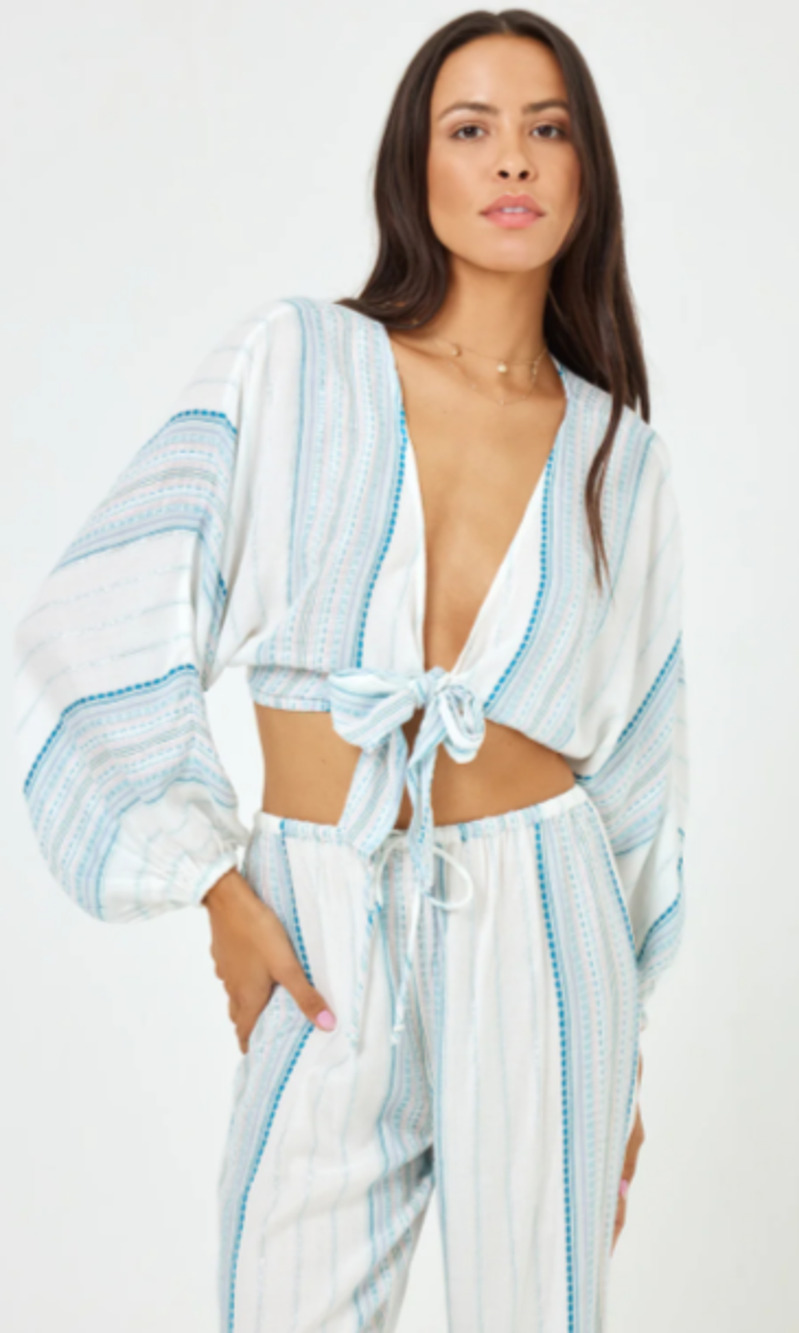LSPACE White/Blue Tie-Front Balloon Sleeve Crop Top Boho Size Small 2-8 NEW